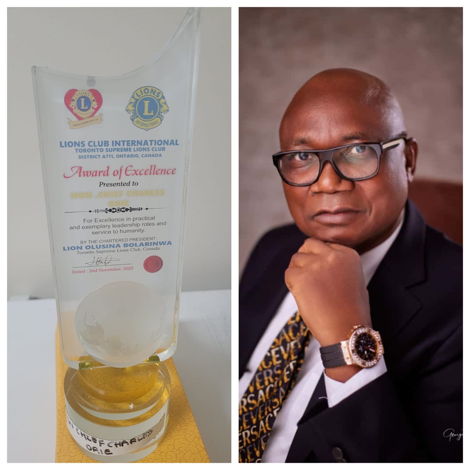 Lions Club Award of Excellence for Chief Charles Orie